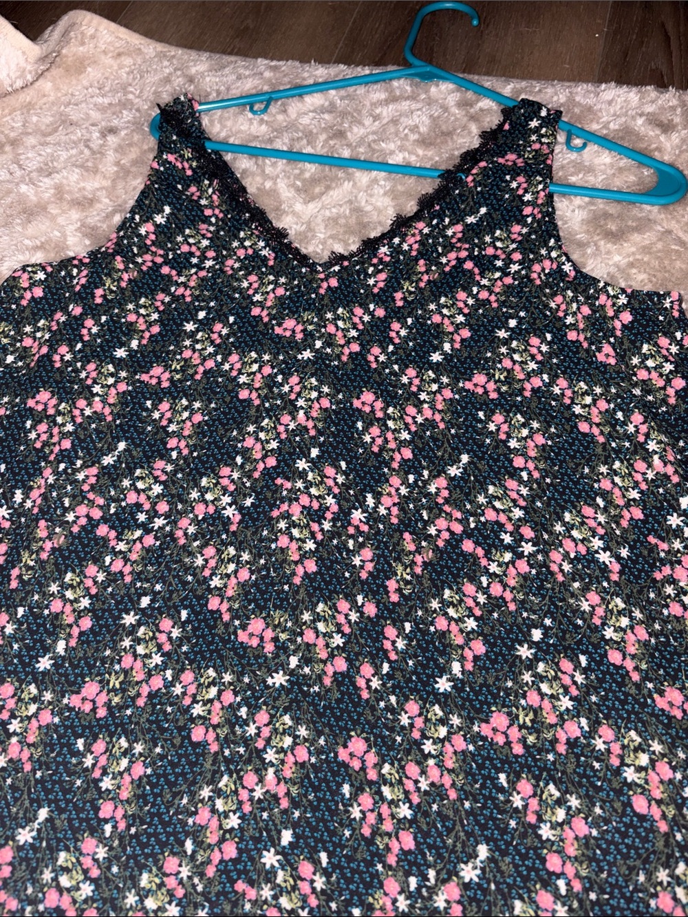 Black Floral V-Neck Tank Top with Pink Flowers